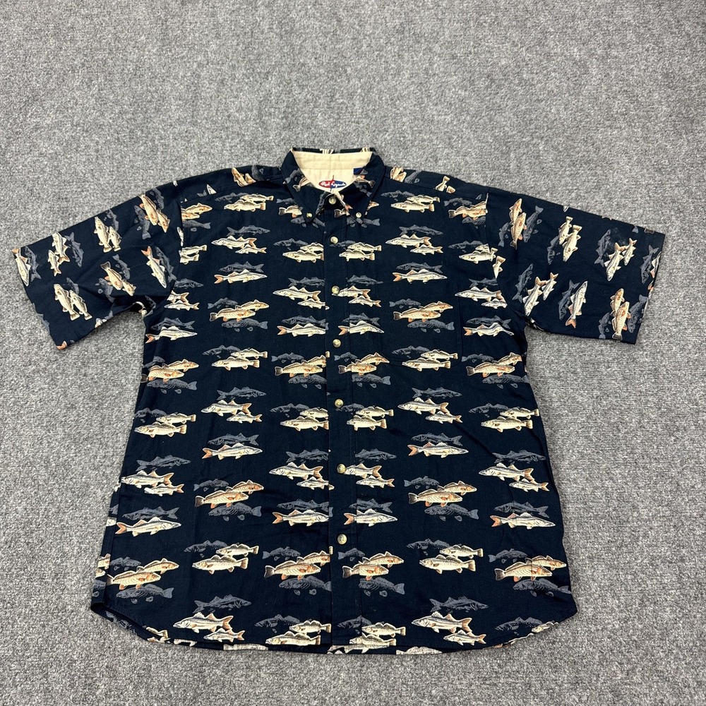 Reel Legends Shirt Mens L Blue Fish Print Relaxed Fit Short Sleeve Button Front